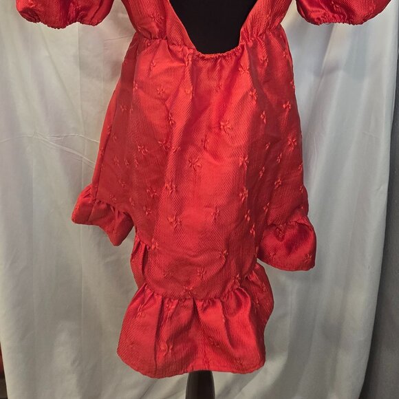 Sister Jane Poppy Dress Red Jacquard Mini Short Puff Sleeves Heart Back Medium - Picture 12 of 12